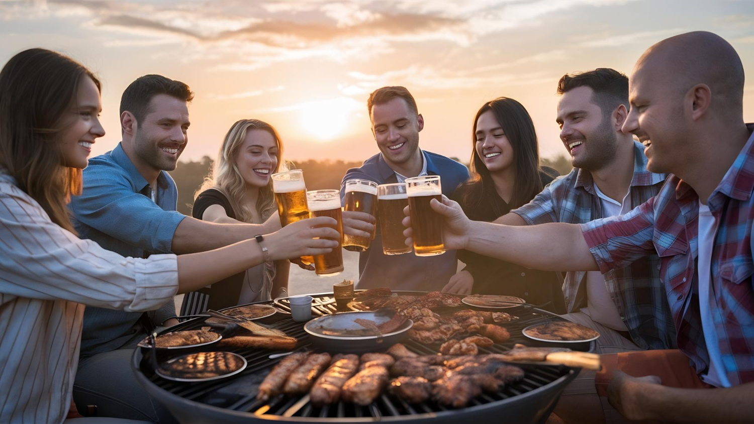 People enjoying food and beers together